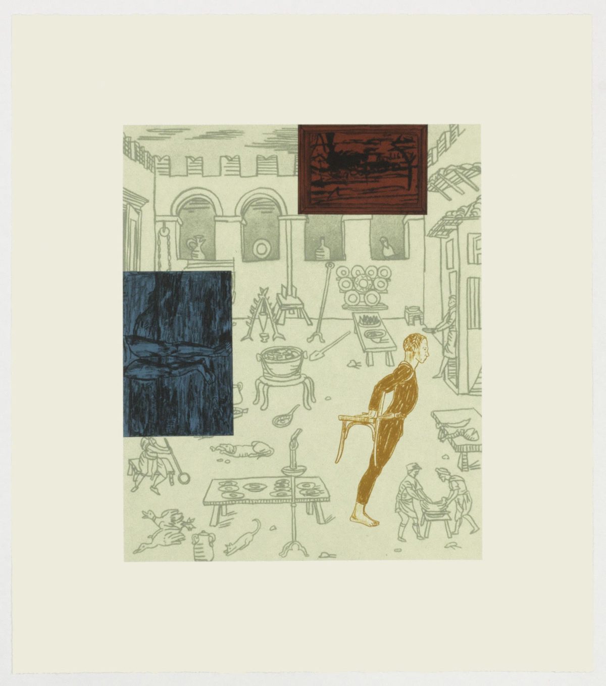 A six-color lithograph depicting an interior Roman or classical scene rendered in pale green line drawing, overlaid with three colored rectangular forms—a dark blue rectangle on the lower left, a dark reddish-brown rectangle in the upper center, and a golden-brown figure of a standing man in the right-center portion. The interior shows architectural details, vessels, and multiple figures engaged in domestic activities across a tiled floor.