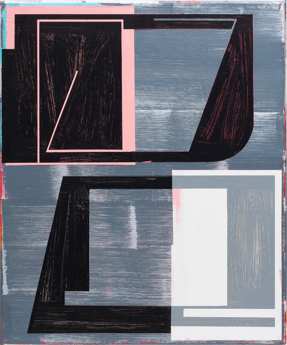 Abstract composition featuring overlapping geometric forms in black, white, pink, and blue-gray tones. Rectangular and curved shapes with visible brushstrokes create a layered, architectural quality across the canvas.