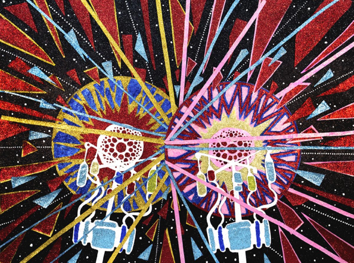 Two stylized skulls with radiating halos face each other against a black background, surrounded by explosive bursts of red, yellow, blue, and pink rays. The composition features intricate cut paper details with glittery accents creating a dynamic, high-energy visual effect.