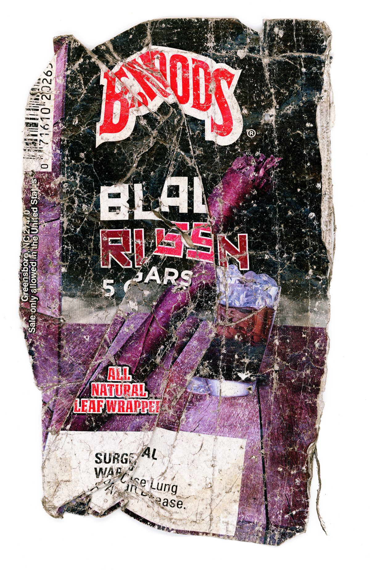 A heavily weathered and distressed package design featuring bold red lettering and the Docs brand logo against a dark, cracked surface. Purple and magenta tones dominate the composition, with visible wear, peeling sections, and overlaid text fragments creating a layered, collage-like appearance that suggests decay and urban deterioration.