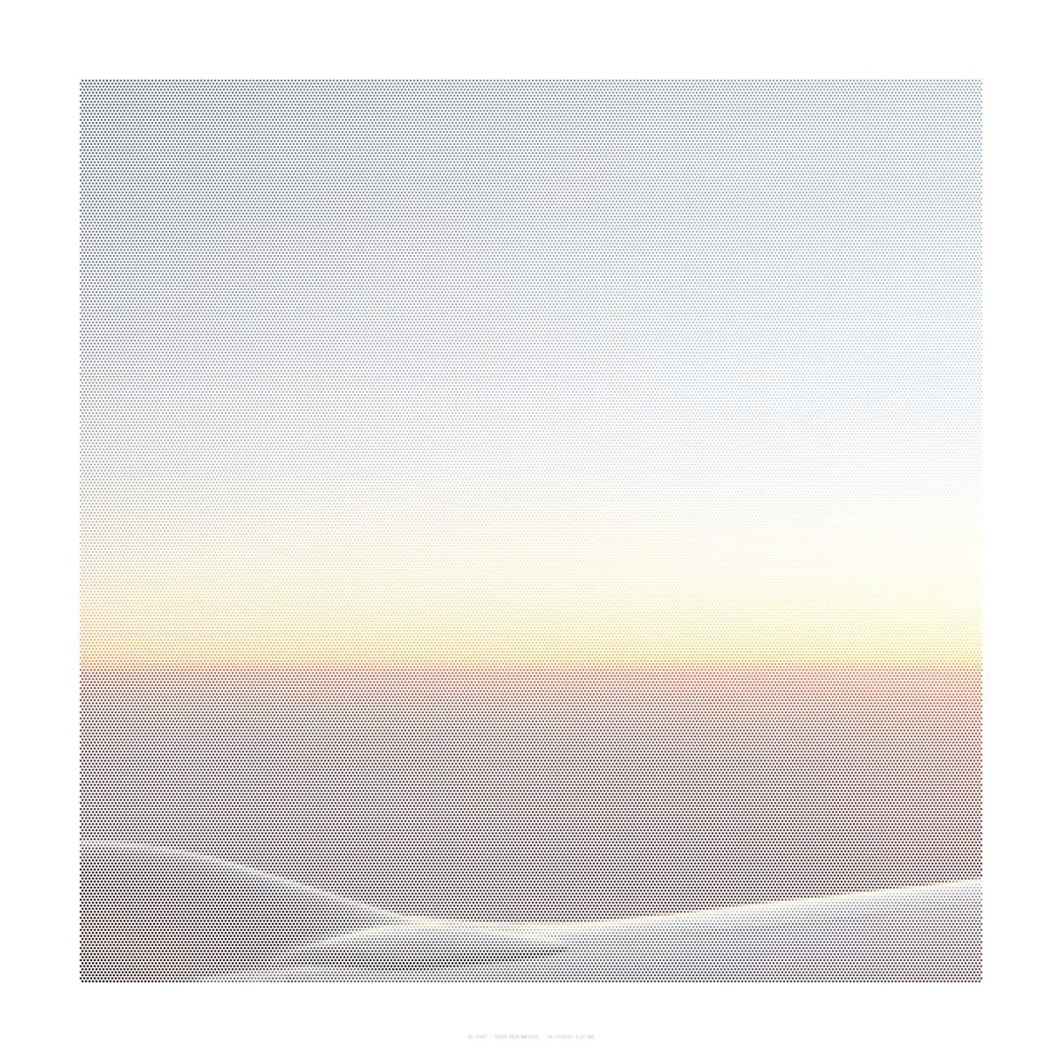 A large-scale pigment print with a gradient composition transitioning from gray at the top through pale cream and soft yellow tones in the center, to warm peachy and tan hues at the bottom, created with a fine dotted pattern throughout that gives the work a subtle, textured appearance.