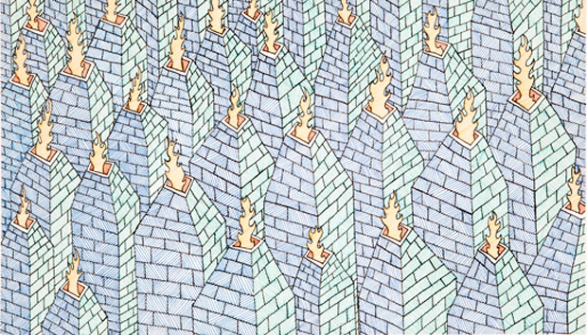 A repeating pattern of isometric three-dimensional cubes rendered in blue, green, and gray tones with golden-yellow accent lines, creating an optical illusion of depth across the entire composition.