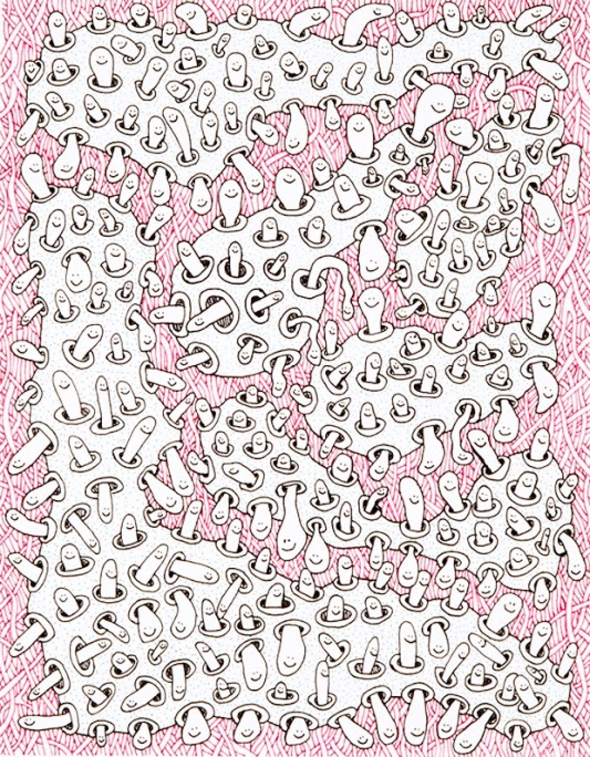 Dense composition of hand-drawn, abstract organic forms in black ink on white paper, arranged in an all-over pattern across the rectangular surface. The forms resemble biomorphic or cellular shapes with curved, intertwining lines, set against a bright pink textured border that frames the central white drawing area.