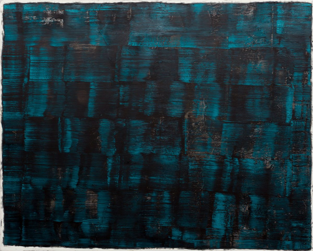 Abstract composition featuring a grid of rectangular blocks in deep teal and black tones with visible brushstrokes and textural layering, creating a sense of depth and movement across the surface.