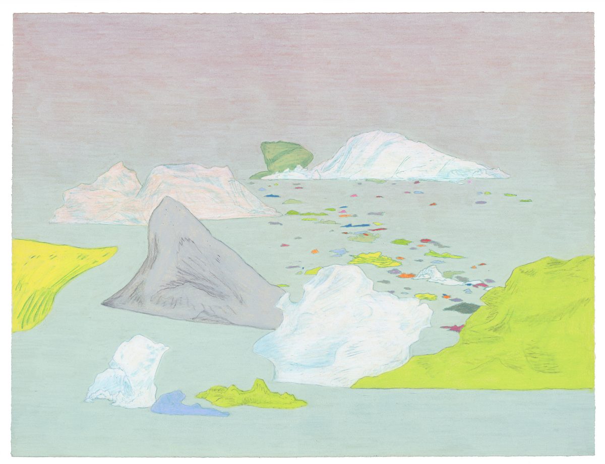 A serene Arctic seascape rendered in soft colored pencil, depicting white and pale blue icebergs floating in calm turquoise waters, with bright chartreuse-green land masses framing the composition on either side and scattered debris in muted tones across the water.