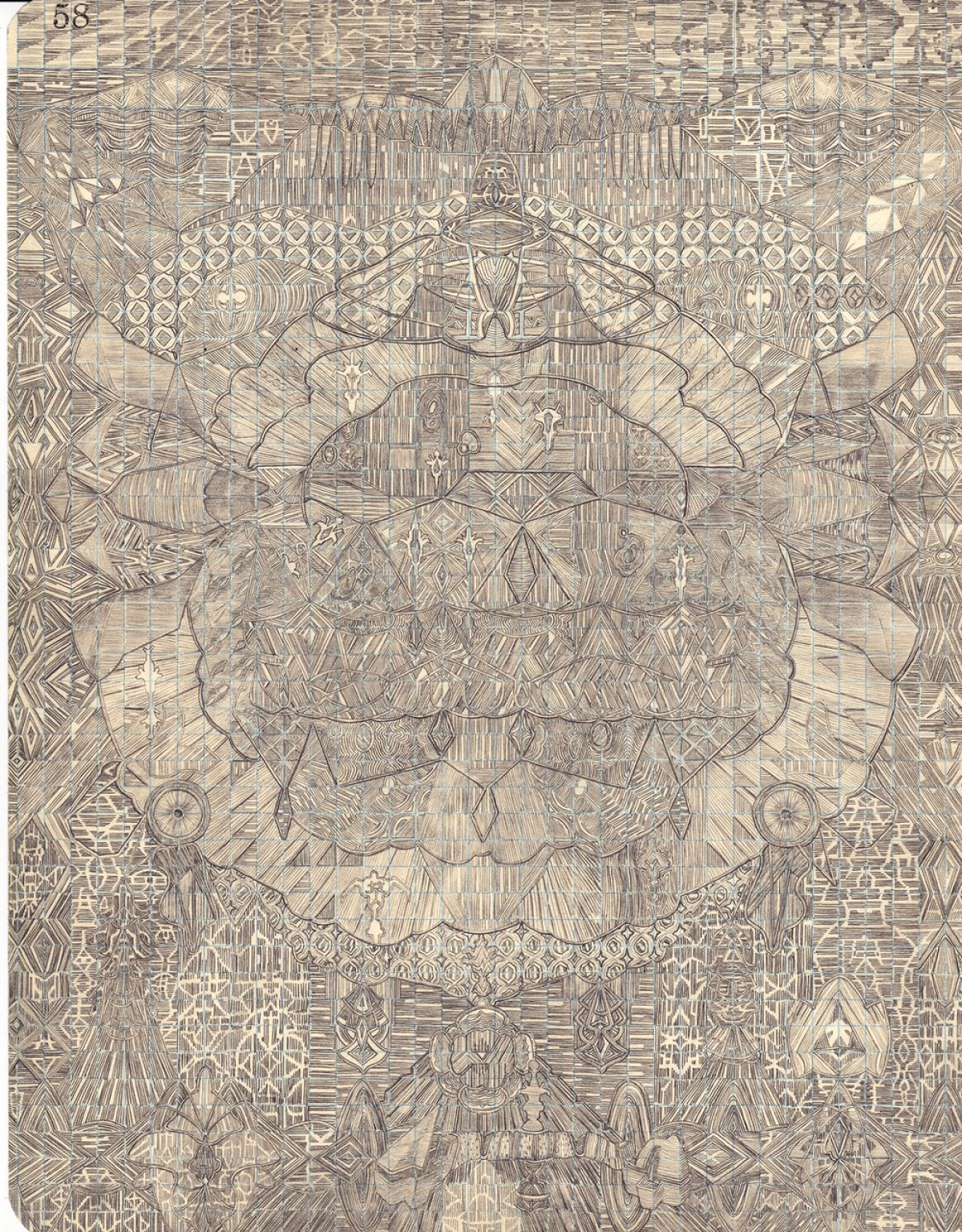 Densely layered graphite drawing featuring an intricate mandala-like composition with architectural elements, geometric patterns, and symmetrical ornamental designs radiating from a central axis, rendered entirely in fine linear marks and cross-hatching techniques across the paper surface.