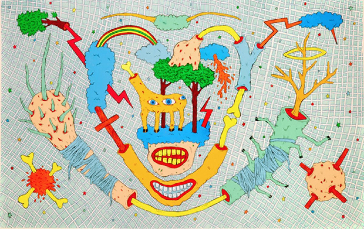 A vibrant, whimsical composition on gridded paper featuring a large face with exaggerated smiling mouths in yellow and red, crowned with a small blue house and stylized tree. Surrounding the central face are colorful abstract forms including virus-like spheres, lightning bolts, clouds, and botanical elements rendered in bright greens, blues, oranges, and reds, connected by flowing yellow and red lines that create a sense of narrative movement across the composition.