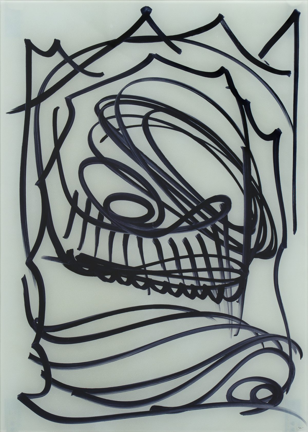 Abstract black ink drawing on white paper featuring a stylized face or mask with flowing, curved lines forming organic shapes. The composition is framed by an angular border with branch-like extensions, and a decorative ribbon banner curves across the bottom, rendered in bold, gestural strokes.