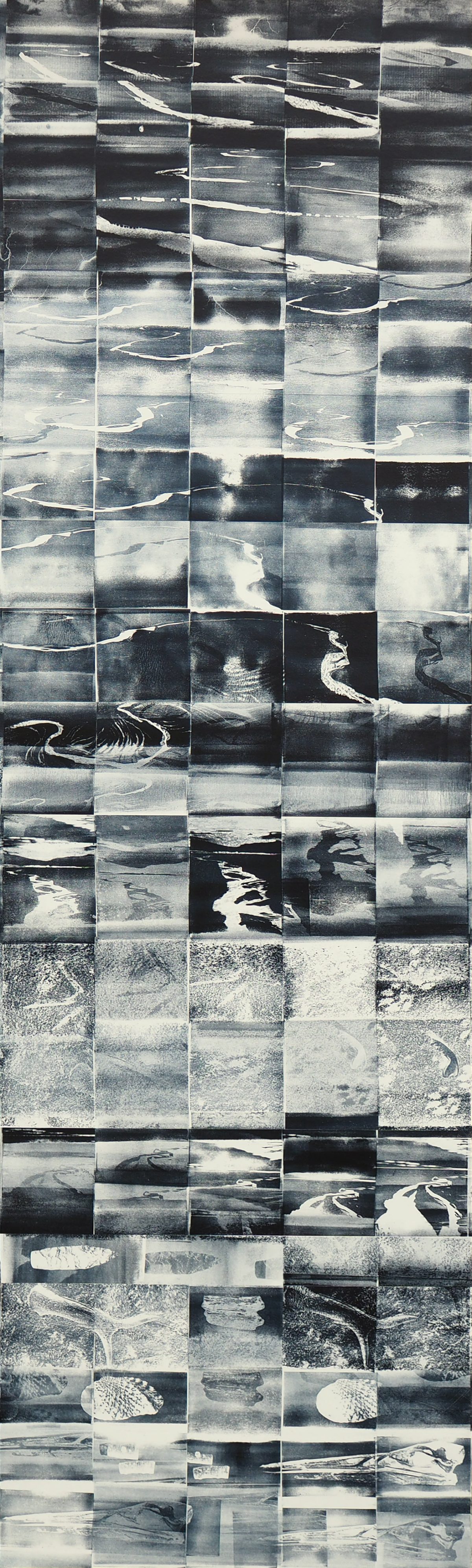 A gridded composition of approximately 200 small rectangular panels in black, white, and gray tones, arranged in vertical columns. Each panel contains abstracted landscape-like imagery with flowing lines, curved forms, and tonal variations suggesting water, terrain, or atmospheric phenomena. The overall effect creates a rhythmic, repeating pattern across the vertically oriented work.