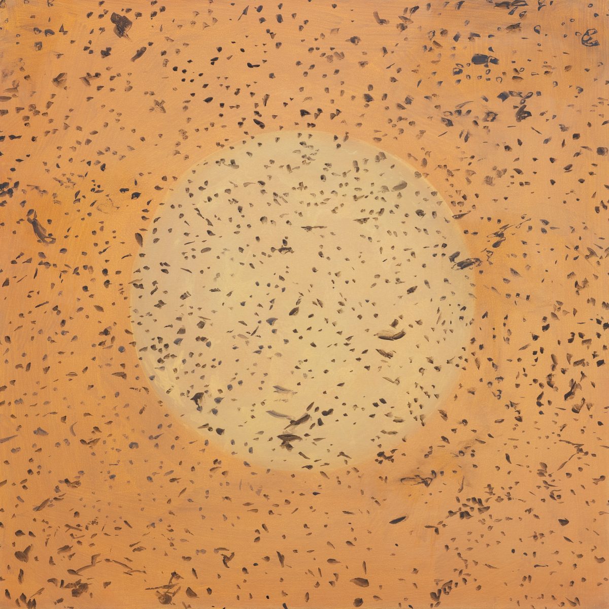 A textured abstract composition featuring a gradient from warm orange tones on the outer edges to pale cream in the center, densely scattered with dark brown and gray marks, fragments, and gestural strokes that create an organic, layered surface across the canvas.