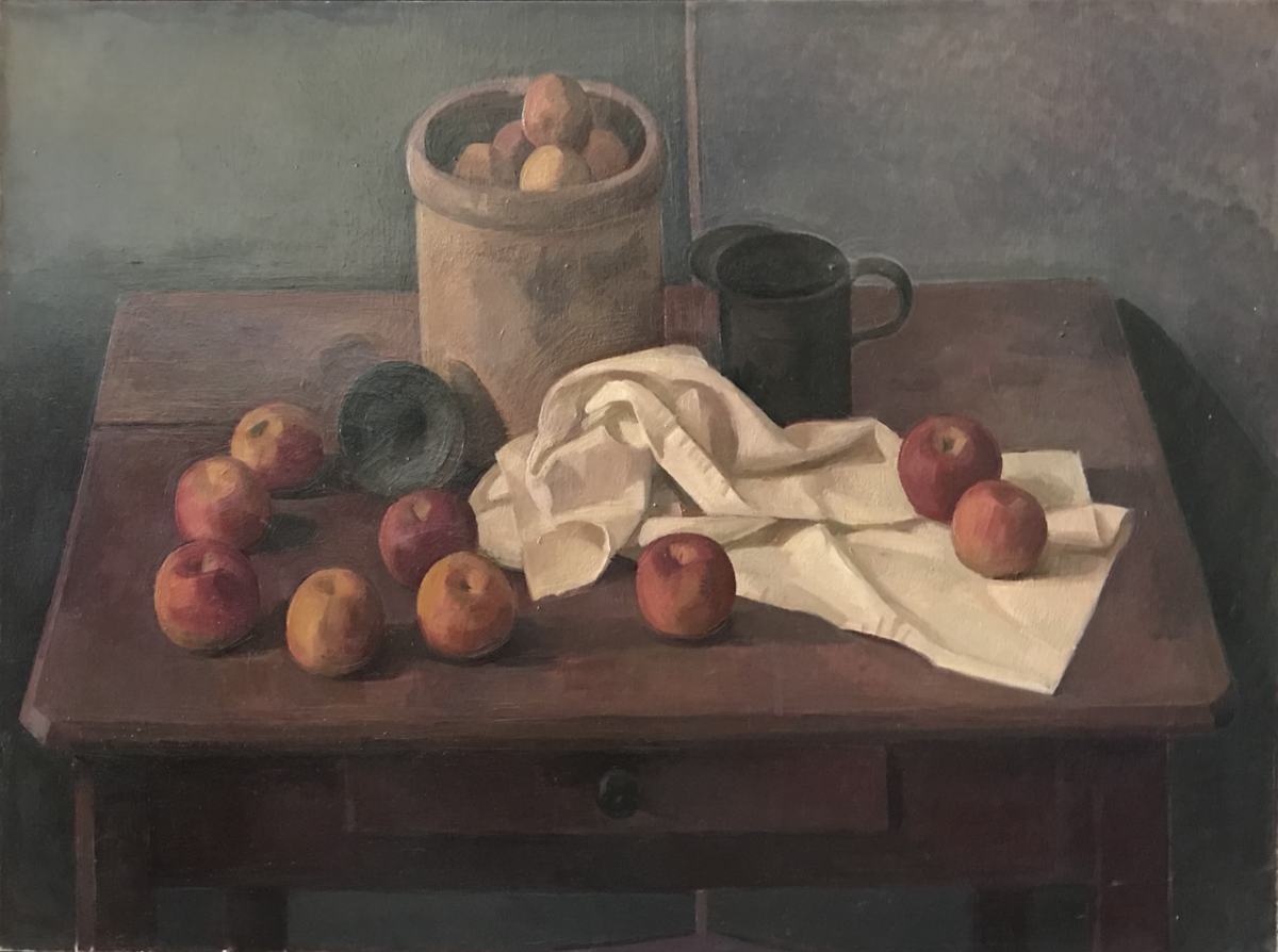 A still life composition featuring a dark wooden table laden with red and golden apples scattered across its surface, a crumpled white cloth, a dark ceramic bowl, a black pitcher, and a tan clay pot filled with more apples in the background. The painting employs muted earth tones and soft lighting characteristic of early modernist still life painting.