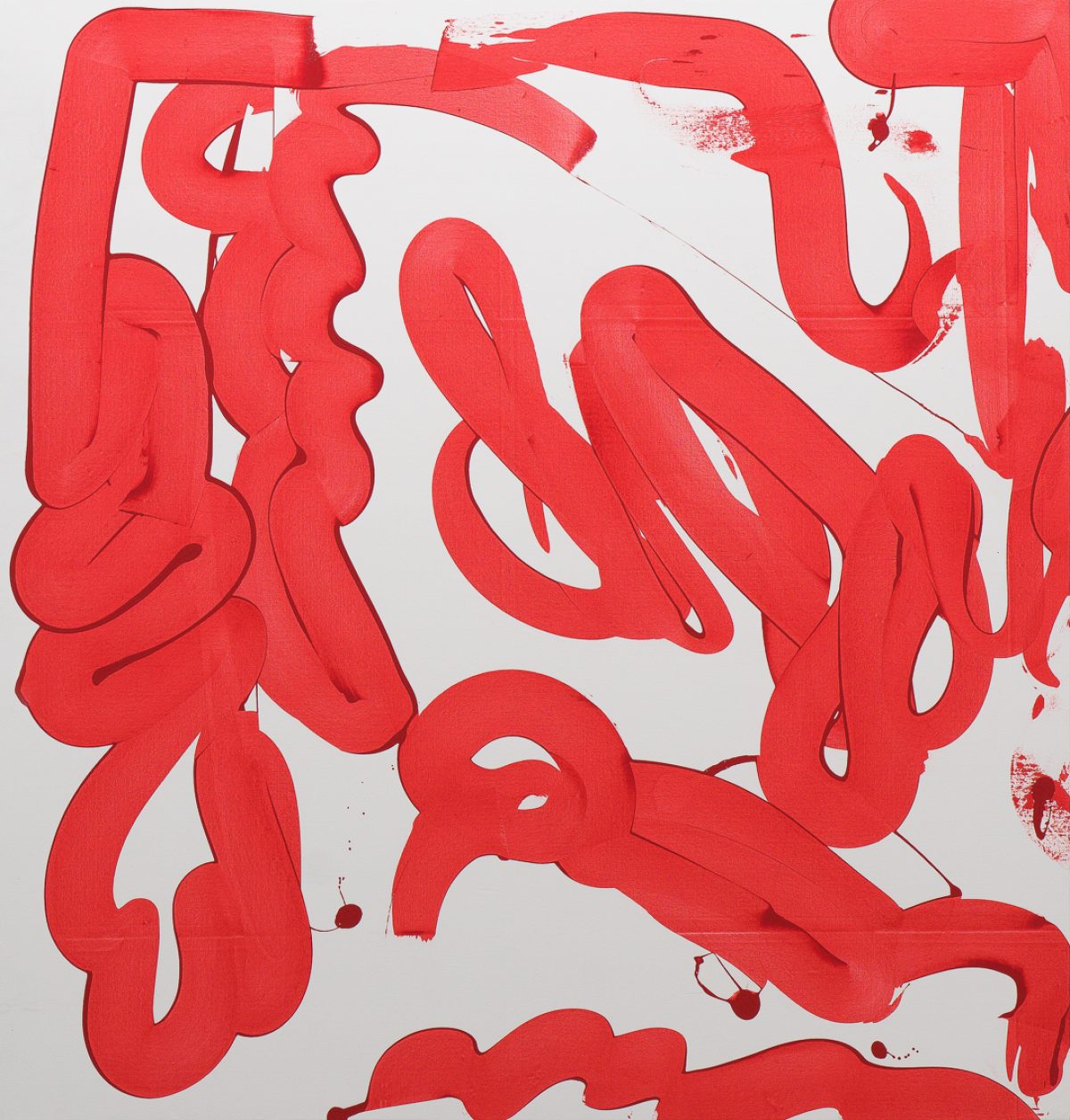 Vibrant red organic forms with undulating, ribbon-like shapes sprawl across a white canvas, creating an energetic abstract composition. The gestural marks and flowing lines suggest movement and spontaneity, with occasional areas of dripping and splattering adding to the dynamic quality of the work.