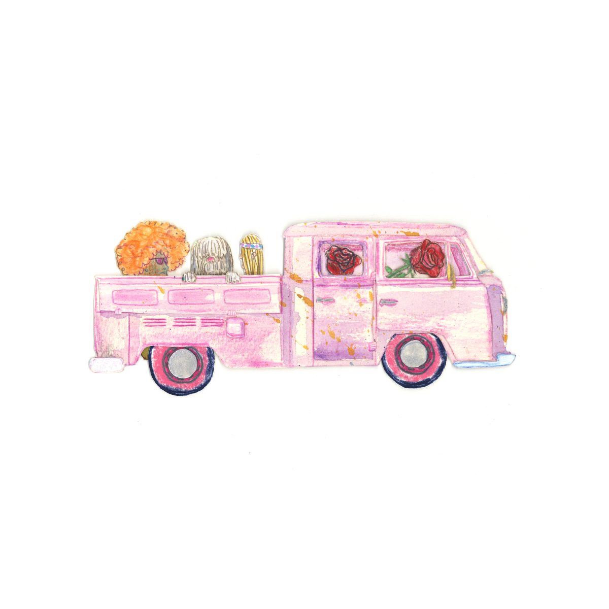 A whimsical pink vintage camper van illustrated in colored pencil and watercolor, decorated with red roses on its side and an orange marigold flower with two cacti sitting on its roof. The composition is rendered in soft pastels against a white background.