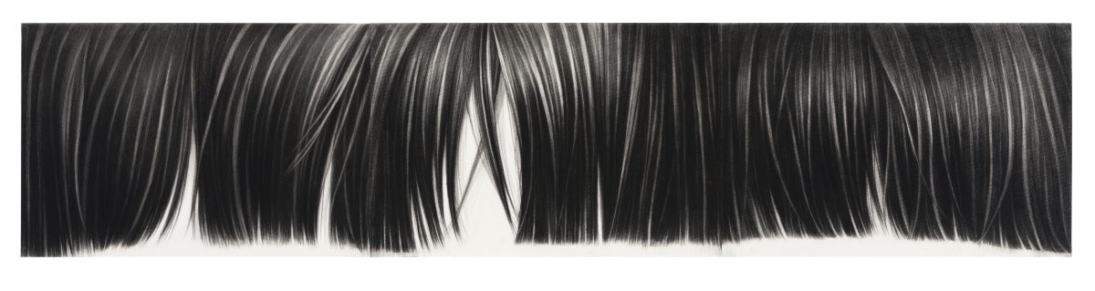 A horizontal charcoal drawing depicting a thick fringe of dark hair rendered in fine, parallel lines against a white background, with subtle variations in tone and delicate highlights creating dimension and movement across the composition.