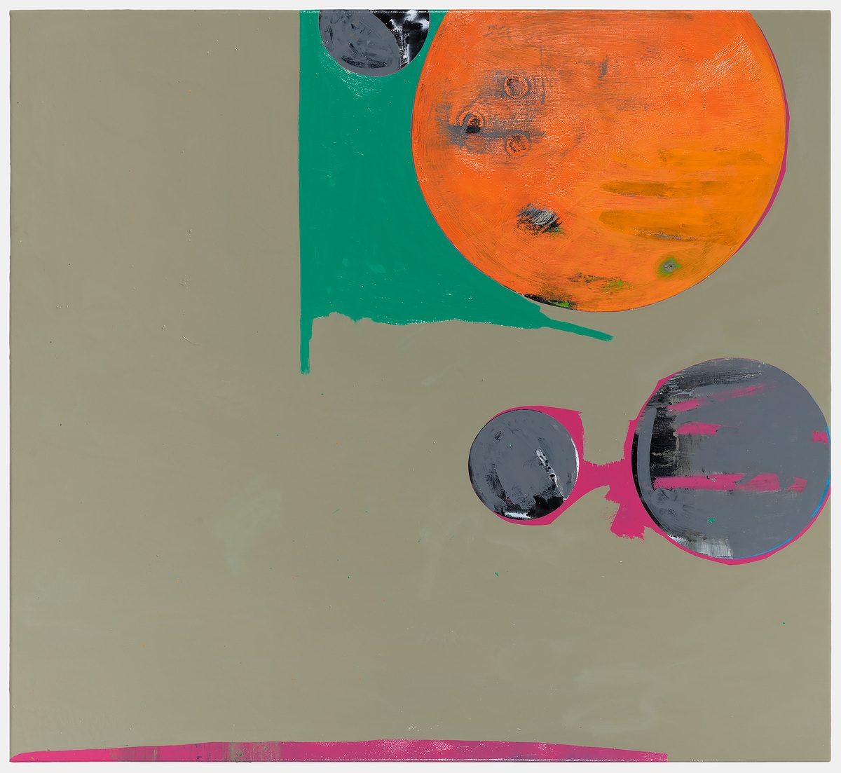 Abstract composition featuring a large orange circle with weathered surface texture in the upper right, connected by a teal drip to a beige background. Below, two dark gray circles outlined in magenta with gestural pink marks sit against the neutral ground, with a thin magenta horizontal stroke at the bottom edge.
