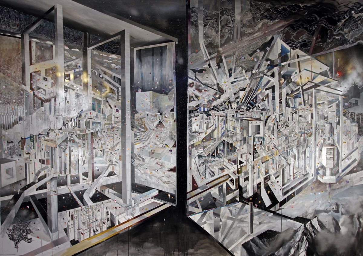 A densely layered architectural drawing depicts an exploded interior view of a building's cross-section, with white structural frameworks, staircases, and geometric forms fragmenting outward against a dark starry background. Rendered primarily in pencil and acrylic with touches of color, the composition creates a sense of dynamic chaos and spatial complexity through overlapping planes and scattered debris.