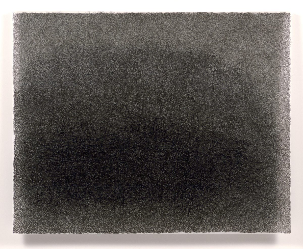 Dense field of fine, parallel horizontal lines in black and charcoal gray, creating a subtle gradation from darker tones in the center to lighter tones at the edges. The delicate crosshatching technique produces a textured, luminous surface on a rectangular composition with raw edges.