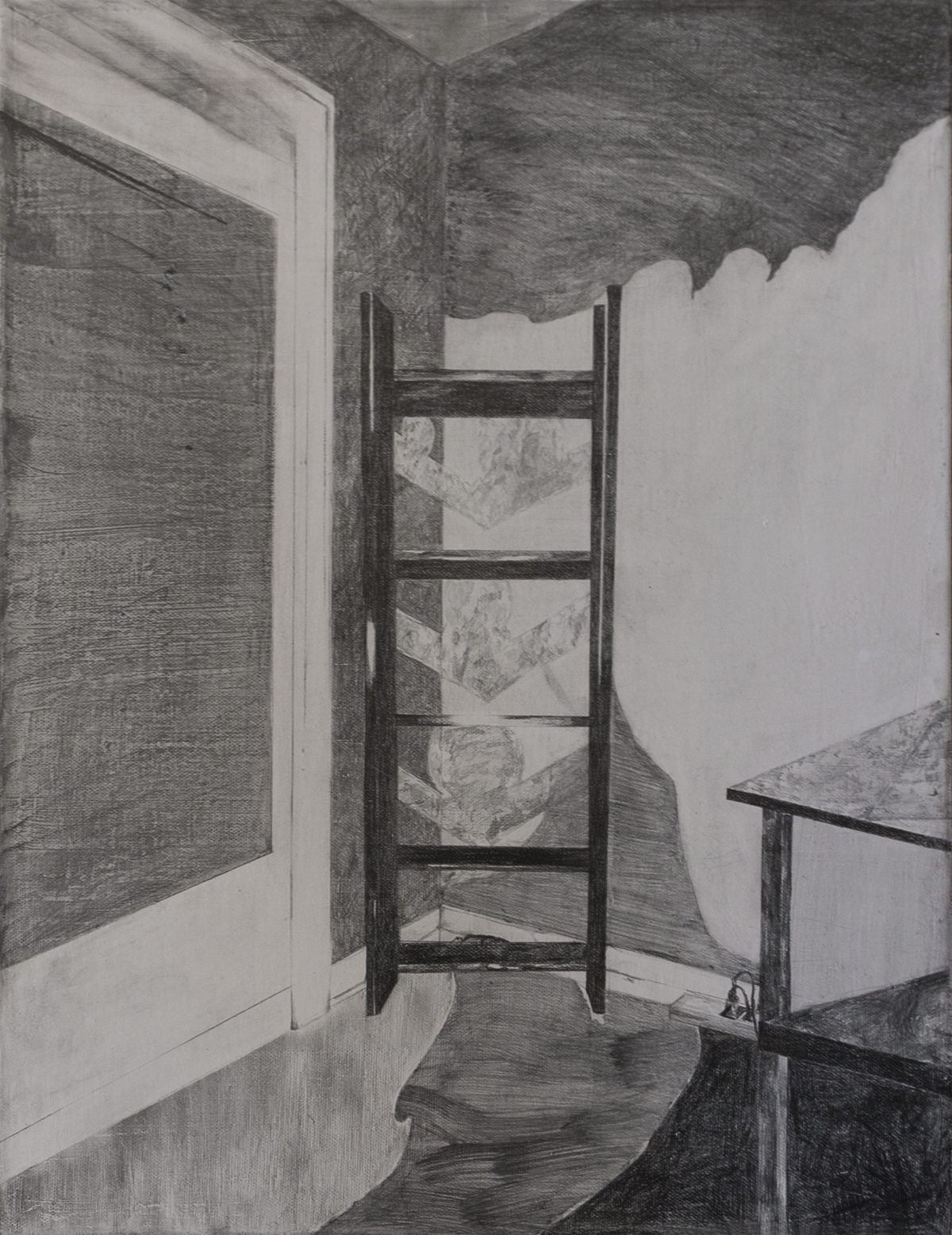 A monochromatic graphite drawing depicts an interior corner room with wooden ladder-back chair in the center, flanked by white draped forms or fabric. Dark textured walls meet at sharp angles, creating a confined, introspective space rendered in precise tonal gradations.