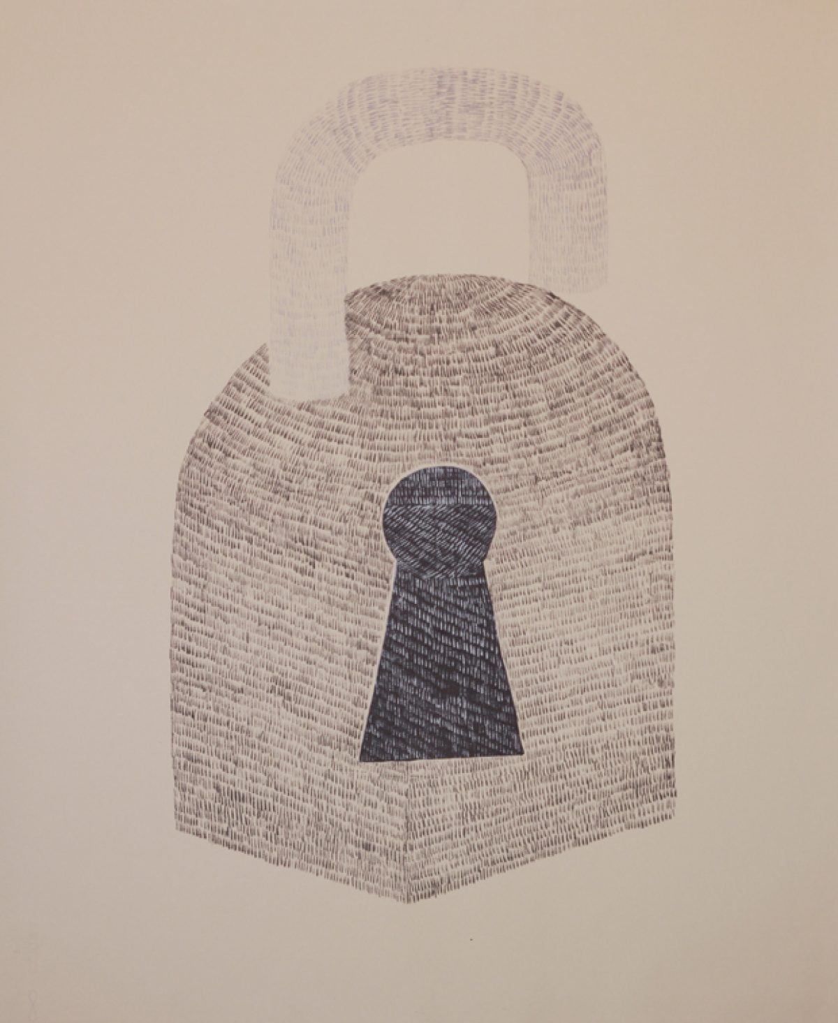 A large padlock rendered in textured graphite and silver ink dominates the composition. The lock's body is filled with dense linear marks creating a woven appearance, while a darker keyhole at its center contrasts against the lighter toned shackle above.