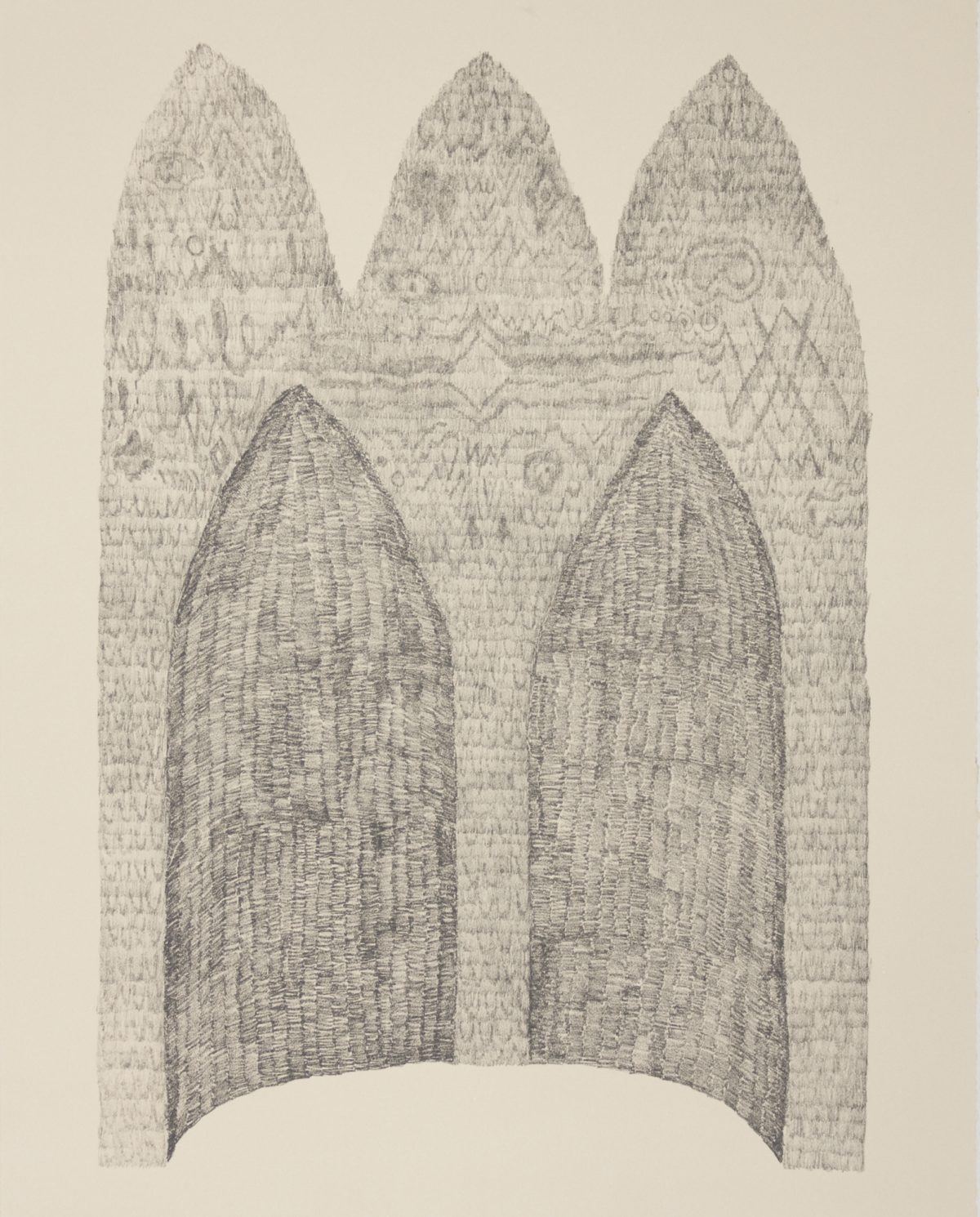 Two tall, pointed archways rendered in crosshatched graphite tones dominate the center of the composition, their curved forms creating a symmetrical gateway. Behind them, three conical evergreen trees are densely textured with fine linear marks, creating a forest backdrop against the pale cream ground.