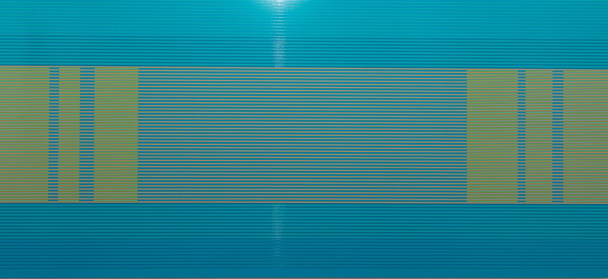 Horizontal bands of turquoise and chartreuse create a striped composition, with darker blue vertical sections on the left and right sides. The center features a large rectangular area of fine horizontal lines in alternating blue and green tones, creating an optical effect that suggests movement or data visualization.