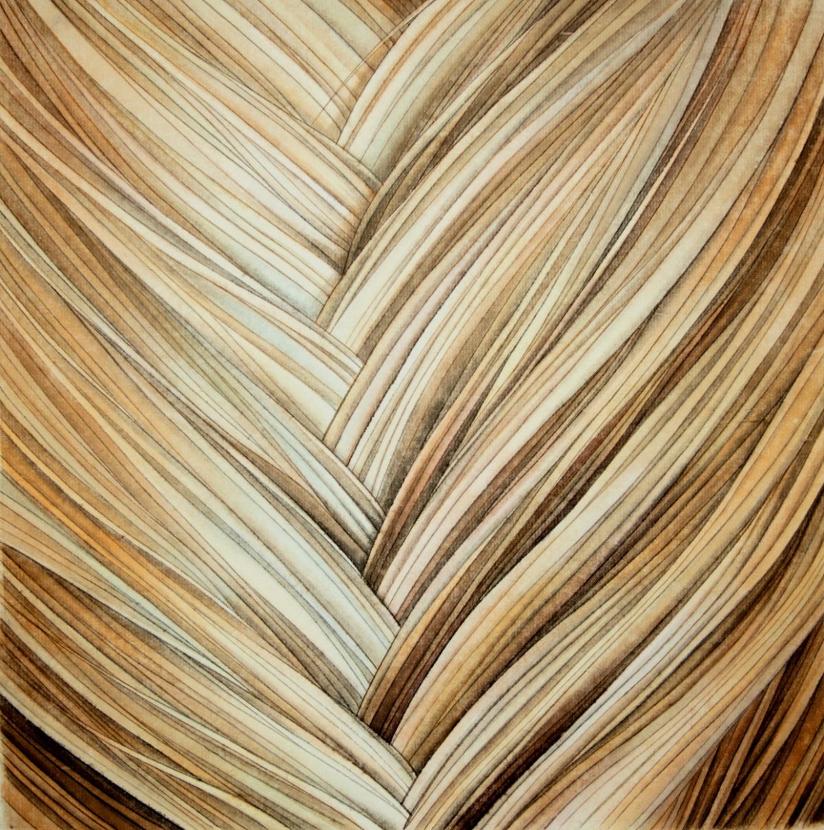 A herringbone pattern of vertically oriented wooden planks in warm earth tones—cream, tan, and chocolate brown—creates a three-dimensional illusion of interlocking strips through subtle gradations of light and shadow.