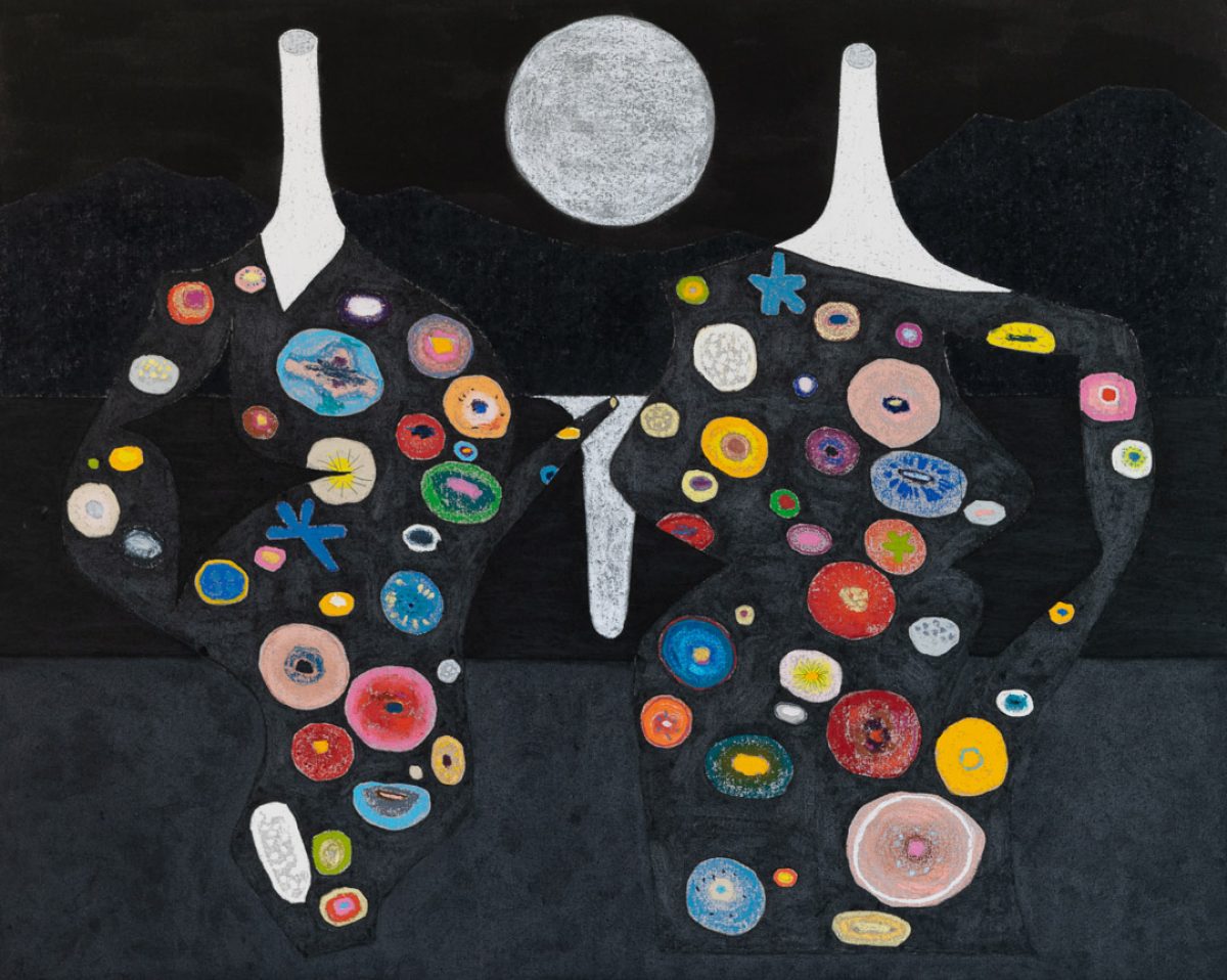 Two large black silhouettes of human heads face each other against a dark background, their interiors filled with dozens of colorful circular forms in varying sizes—painted in blues, reds, yellows, pinks, and greens with intricate patterns and textures. White curved shapes extend upward from each head like stylized hair or crowns, a large gray moon hovers above, and the composition creates a striking visual dialogue between the two figures.