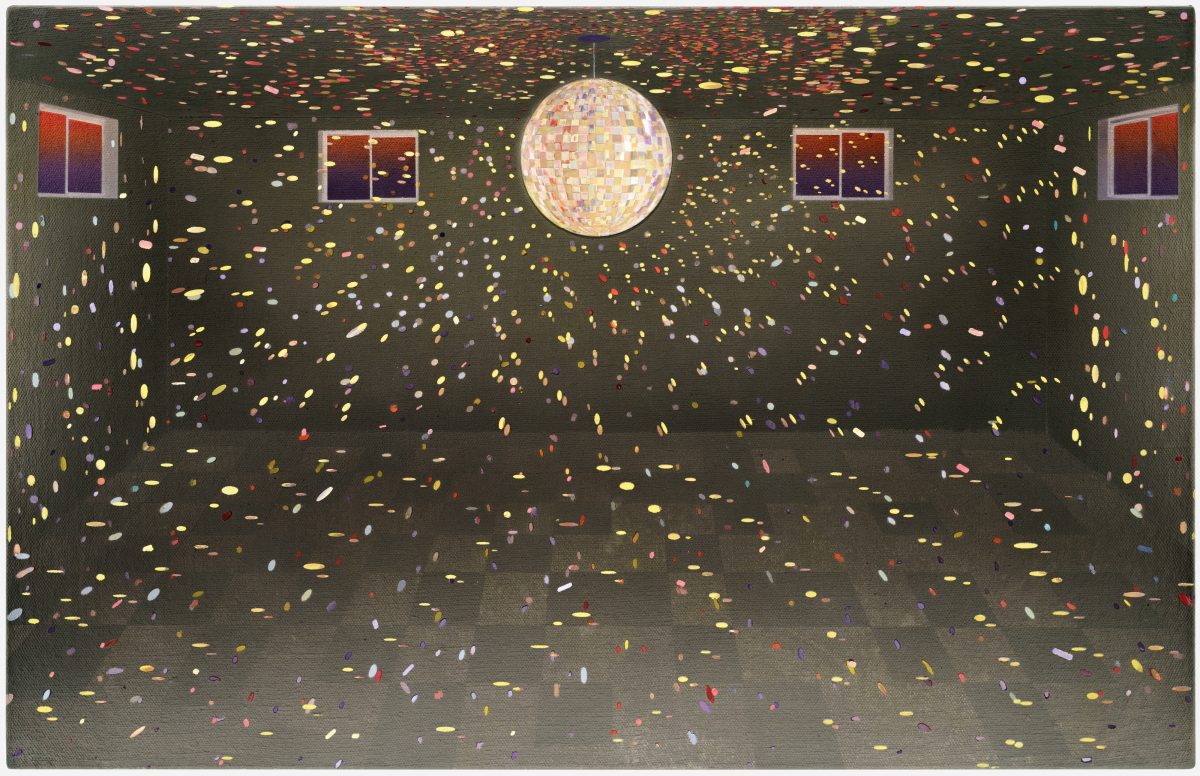 A dark interior space with four windows showing twilight skies, centered by a glowing disco ball. Hundreds of colorful confetti pieces and streaks in yellow, red, pink, and blue scatter across the dark walls and floor in dynamic, sweeping patterns, creating an energetic sense of movement and celebration.