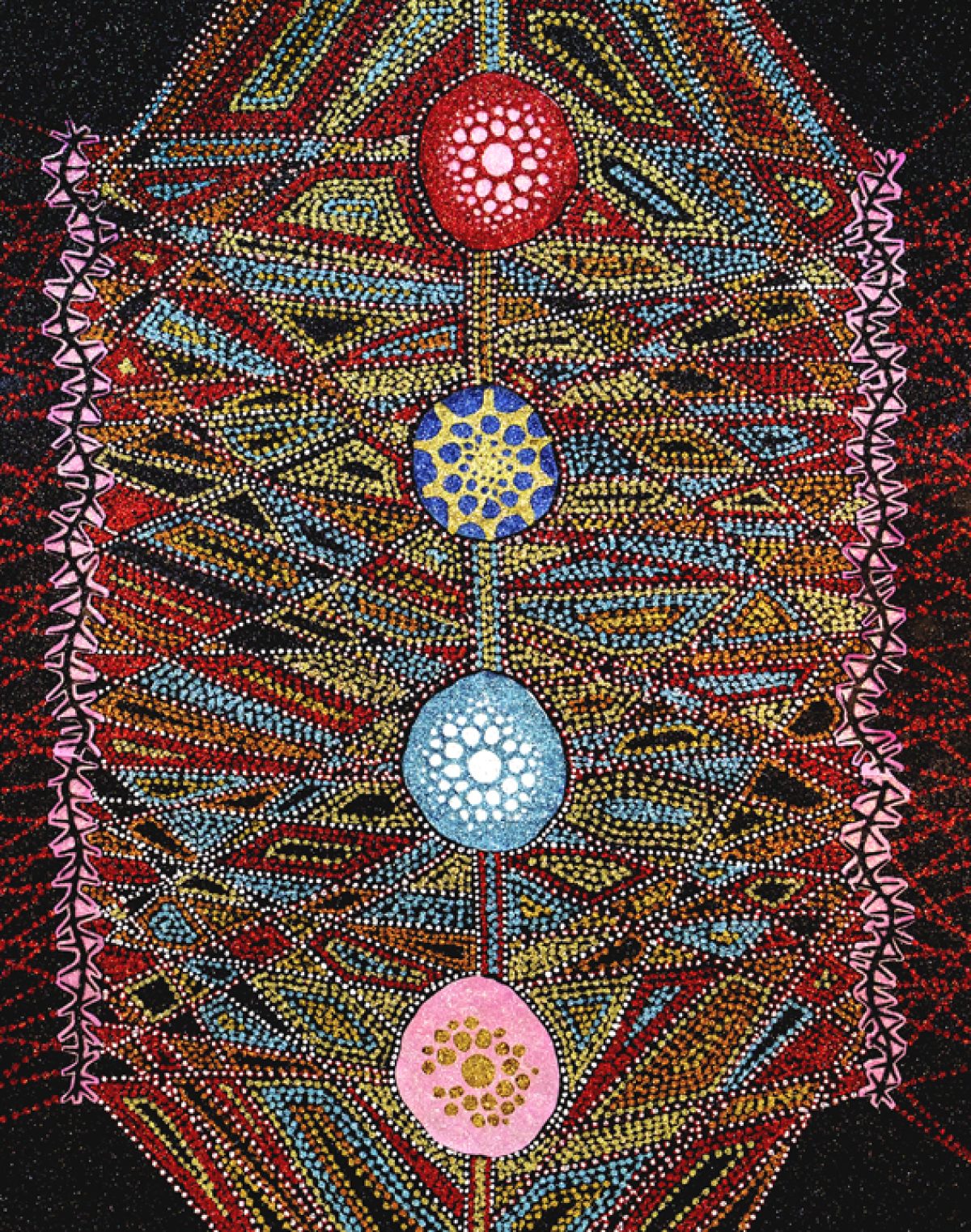 Symmetrical composition featuring four concentric circles in red, blue, light blue, and pink arranged vertically along a central axis, surrounded by intricate geometric patterns created with dotted lines in yellow, blue, red, and black. The entire work is framed by a border of small triangular shapes in pink and purple, set against a dark speckled background.