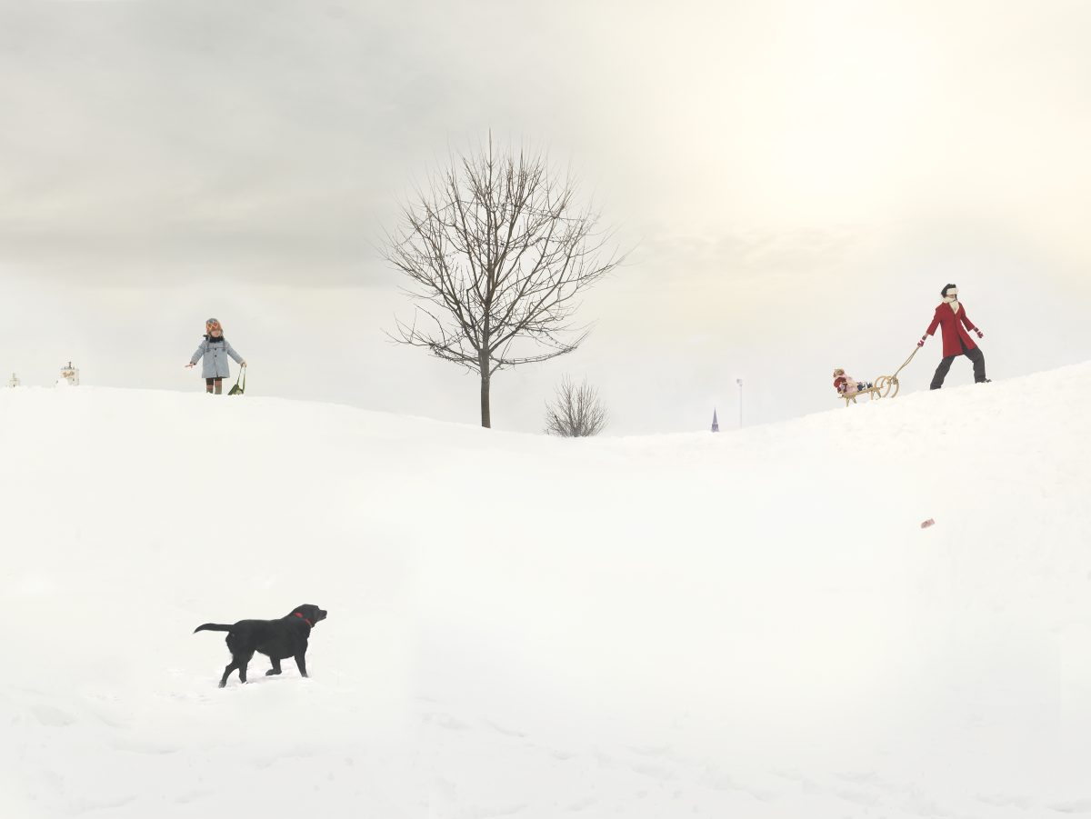 A snowy landscape with figures scattered across a white field. A bare tree stands in the center, while a person in a blue coat holds a basket on the left, another in a red coat pulls a sled with a child on the right, and a black dog walks in the foreground. The composition is minimal and serene, with muted tones against the expansive white snow.