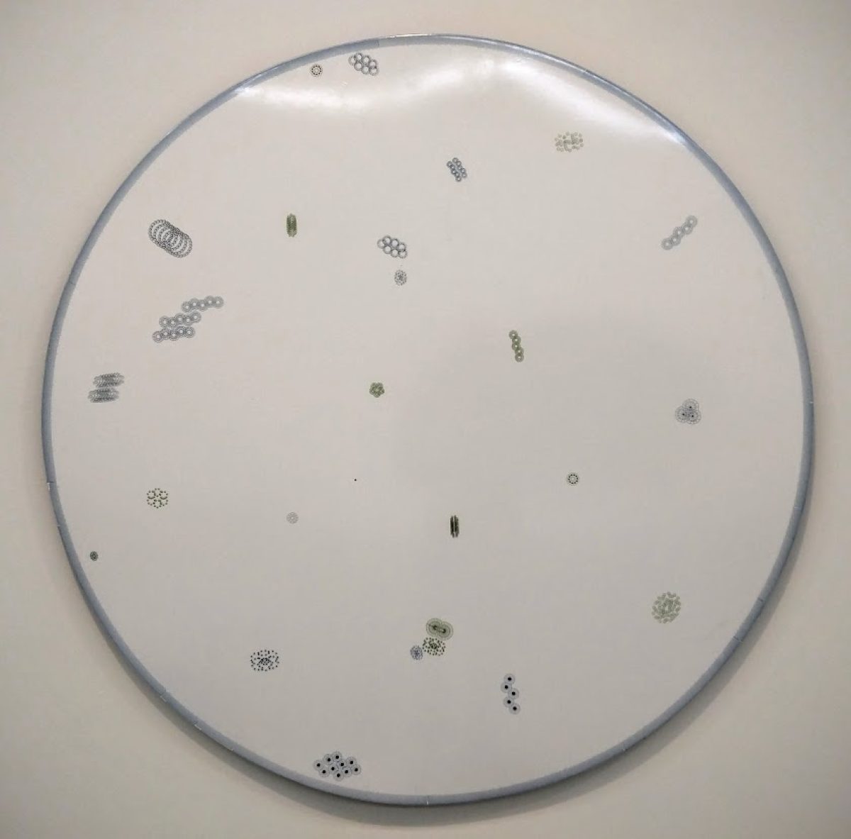 A large circular white panel with a blue-gray border displays scattered small algorithmic drawings in black, green, and gray throughout its surface. The delicate, intricate marks vary in size and pattern, creating an organic, dispersed composition against the pristine white ground.