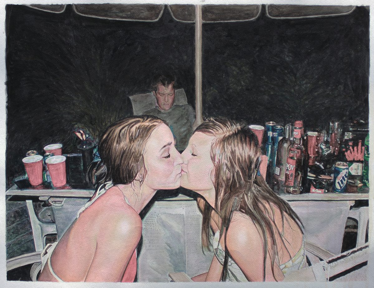 Two women with long brown hair kiss in the foreground of a vehicle interior, their bare shoulders visible. Behind them, a figure in a green shirt sits in the back seat, and the windshield frames a dark forest landscape. The surrounding surfaces are cluttered with colorful bottles and cans rendered in muted tones against the dark background.