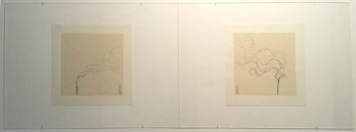 Two delicate ink drawings on cream-colored rice paper mounted on white backing sheets, displayed side by side. Each composition features minimalist brushwork depicting a slender, twisted branch or stem with flowing, organic lines rendered in gray-black ink. Small red seal marks appear in the lower right of each work. The pale, translucent quality of the paper and the restraint of the linework create an understated, meditative aesthetic.
