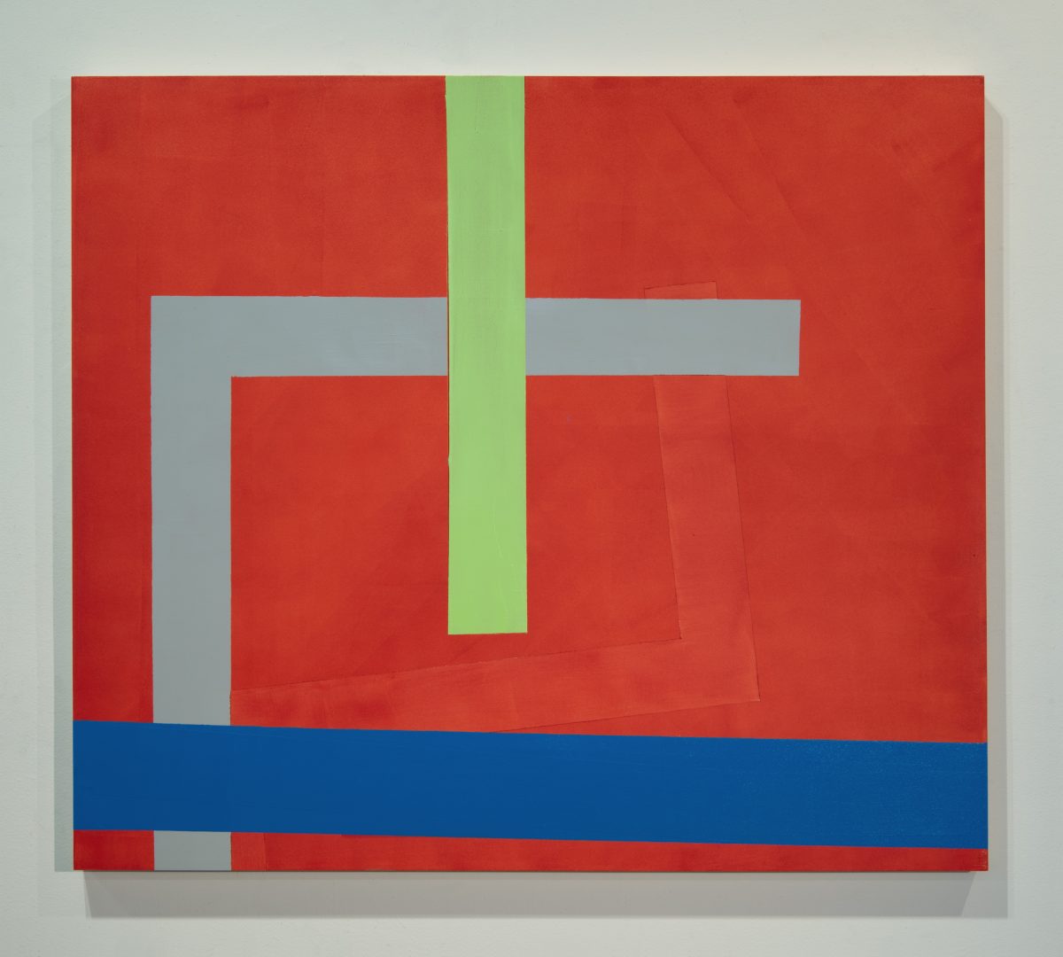 Abstract geometric composition on a square panel featuring a bold color palette of red, gray, lime green, and navy blue. Overlapping rectangular forms and horizontal bands create a layered, architectural composition against a predominantly red background.