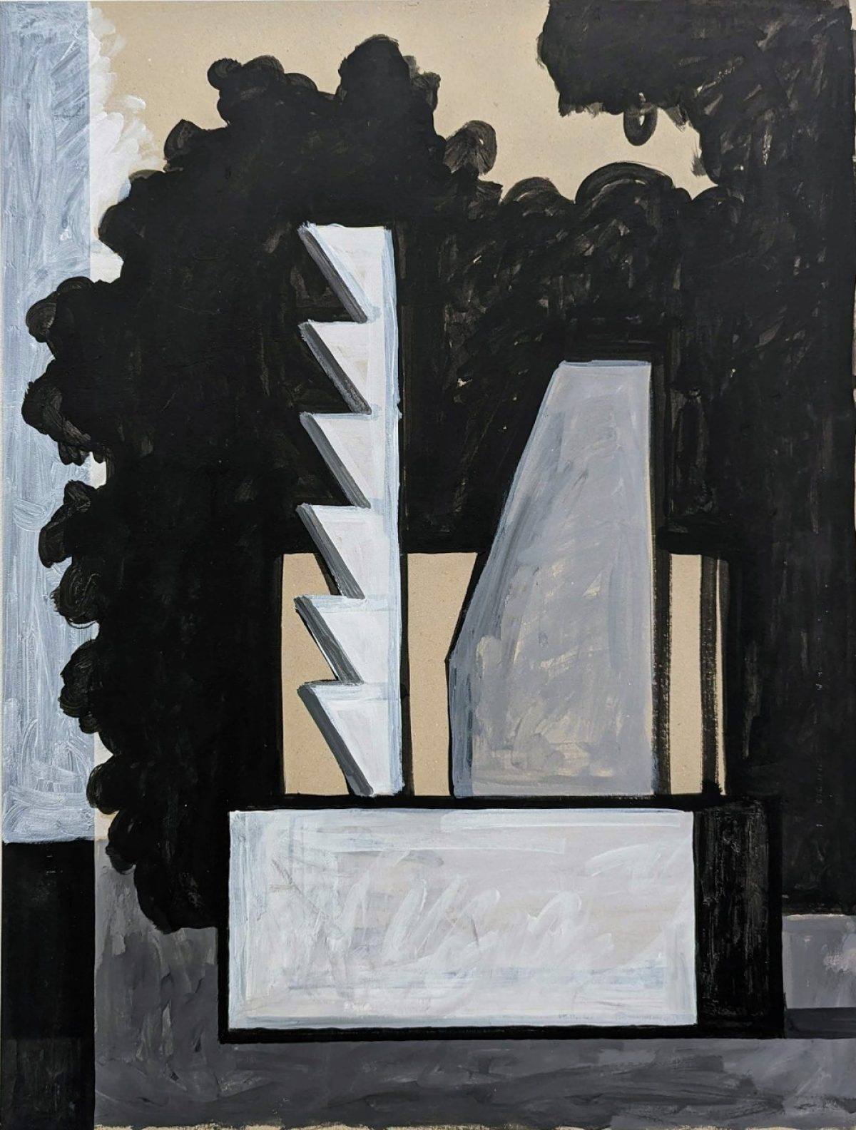 Abstract composition featuring bold black organic forms with sculptural qualities against a neutral background. White and gray geometric shapes, including stepped elements and rectangular forms, create a stark contrast with the dark, textured areas that dominate the upper portion of the canvas.