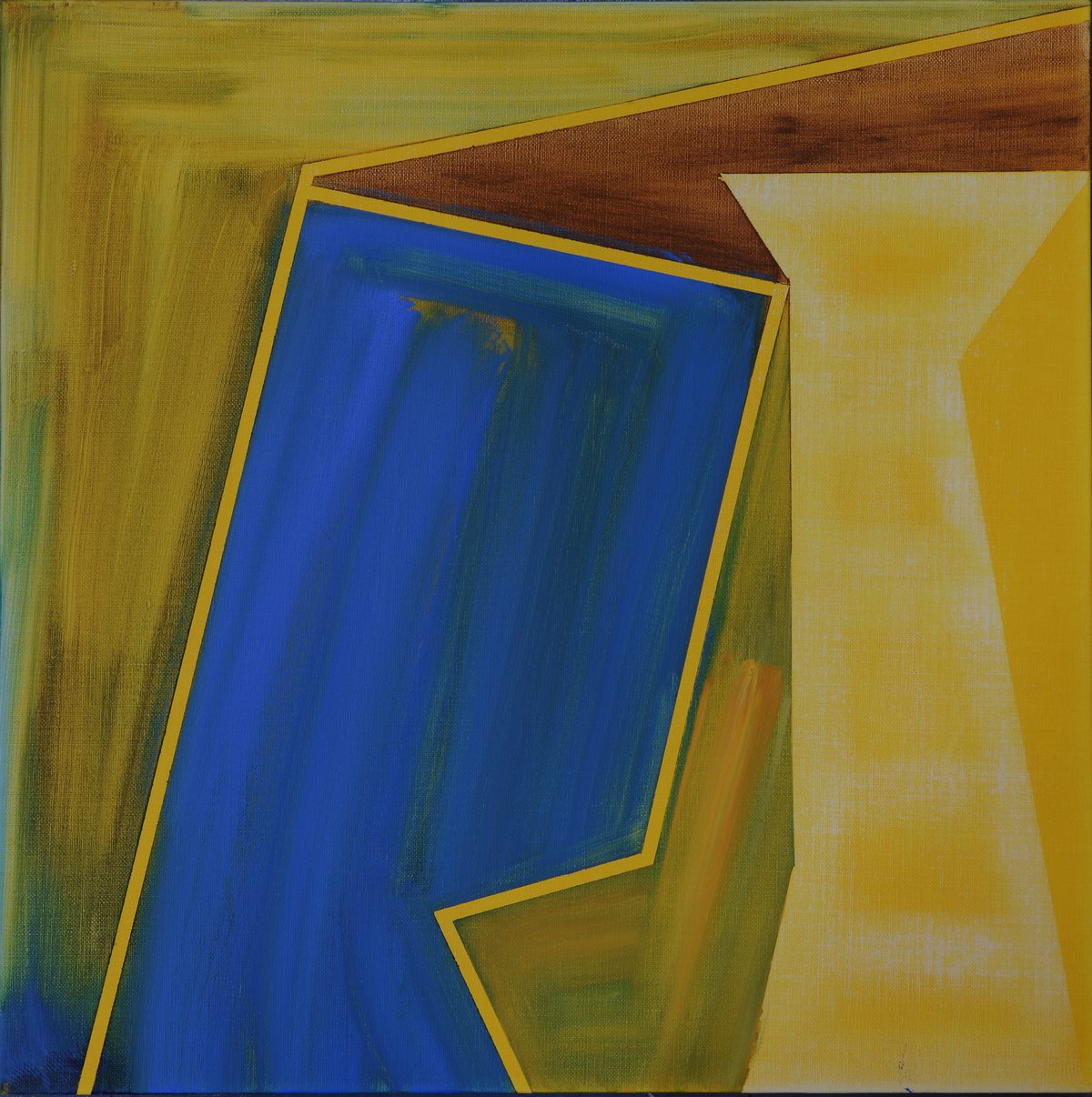 Abstract geometric composition featuring overlapping angular shapes with a bold blue rectangle outlined in yellow at center, surrounded by warm ochre, olive, and cream-colored planes. The work employs a restrained color palette and simplified forms that create a sense of spatial depth and dimensional layering.
