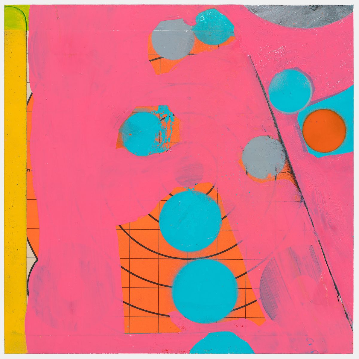 A vibrant abstract composition dominated by hot pink dominates the canvas, populated with geometric and circular forms in turquoise, orange, and gray. Overlaid elements include a yellow vertical stripe on the left edge, orange grid patterns, curved black lines, and various sized circles in contrasting colors, creating a dynamic, layered visual rhythm across the surface.
