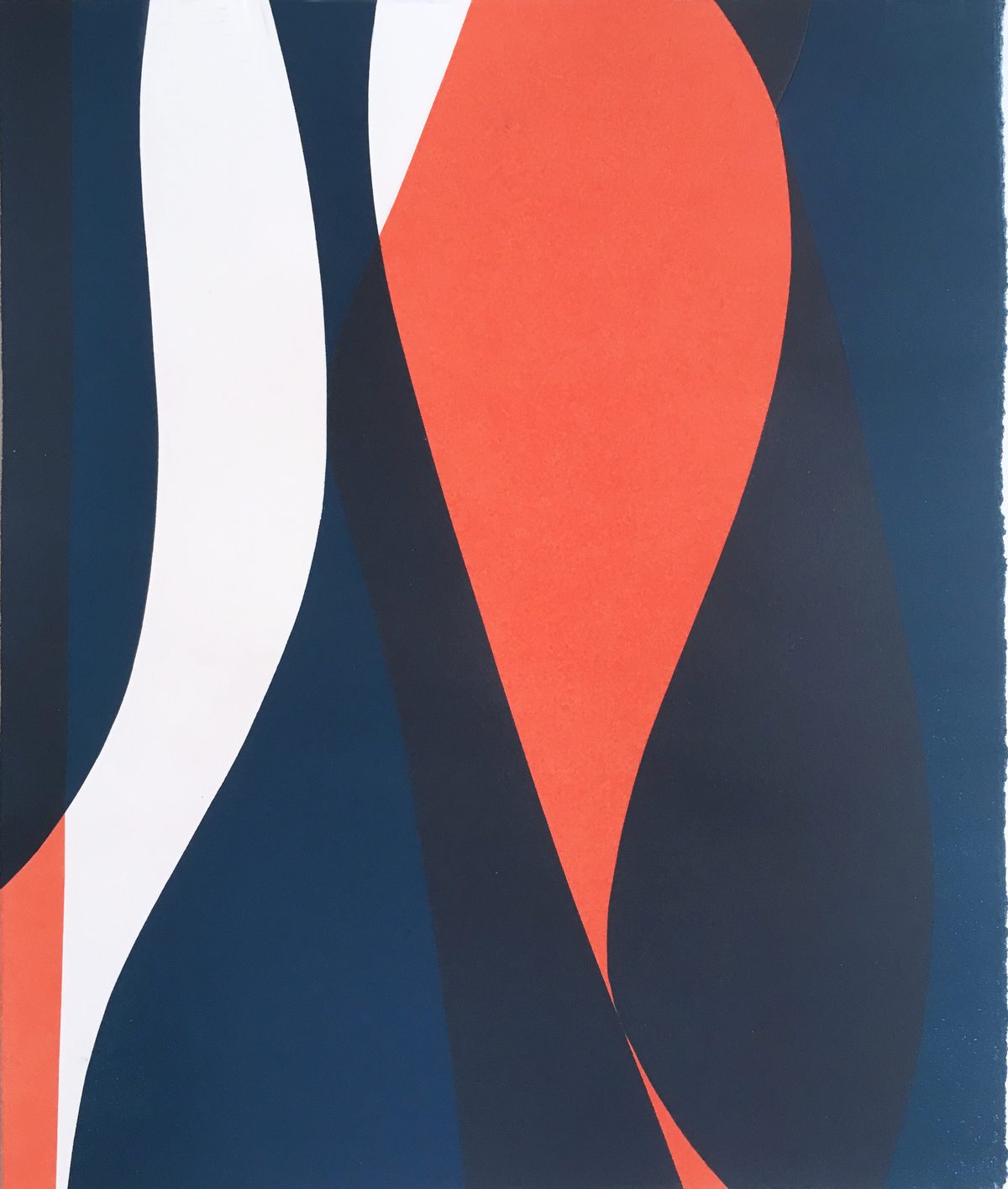 Abstract relief print featuring bold geometric shapes in coral red, white, and navy blue against a dark teal background. Curved and angular forms create a dynamic composition with strong contrast and layered depth.