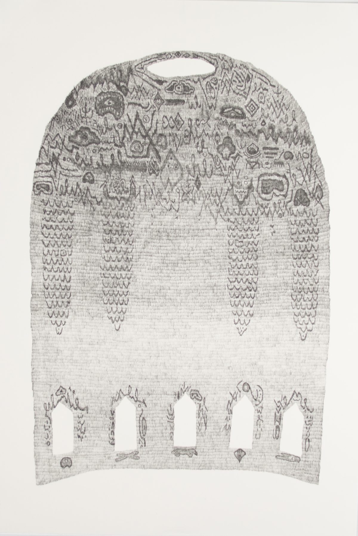 A light gray textile-like composition featuring intricate geometric and figurative patterns concentrated along the top and sides, with five vertical openings cut through the lower portion. Dense linear markings and abstracted forms create a lace-like quality throughout the piece.