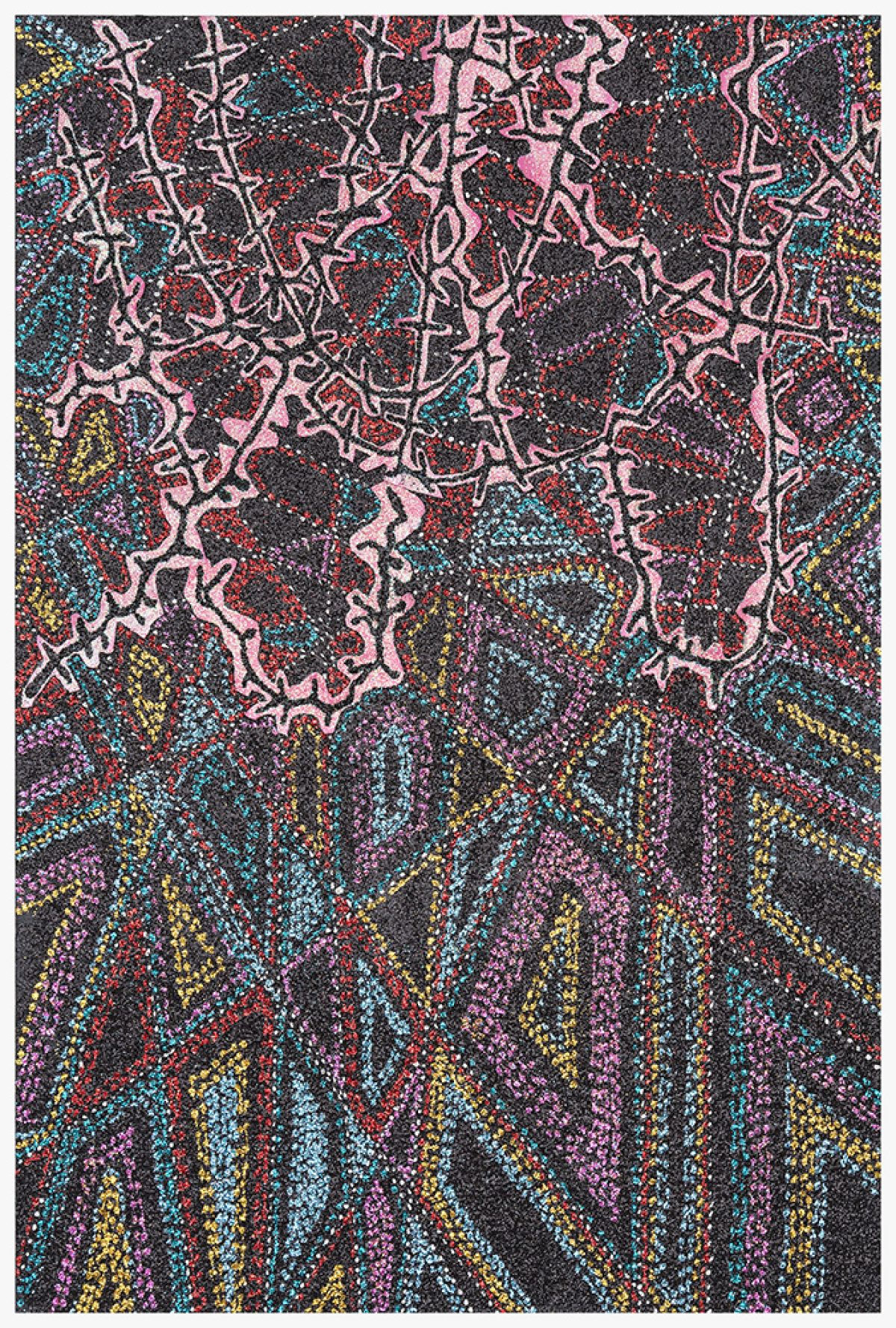 Abstract composition featuring interlocking pink chain-like forms outlined in white against a densely textured dark background. The lower half transitions into radiating vertical patterns in cyan, yellow, purple, and red, all rendered with shimmering glitter that creates a luminous, fragmented surface across the entire work.