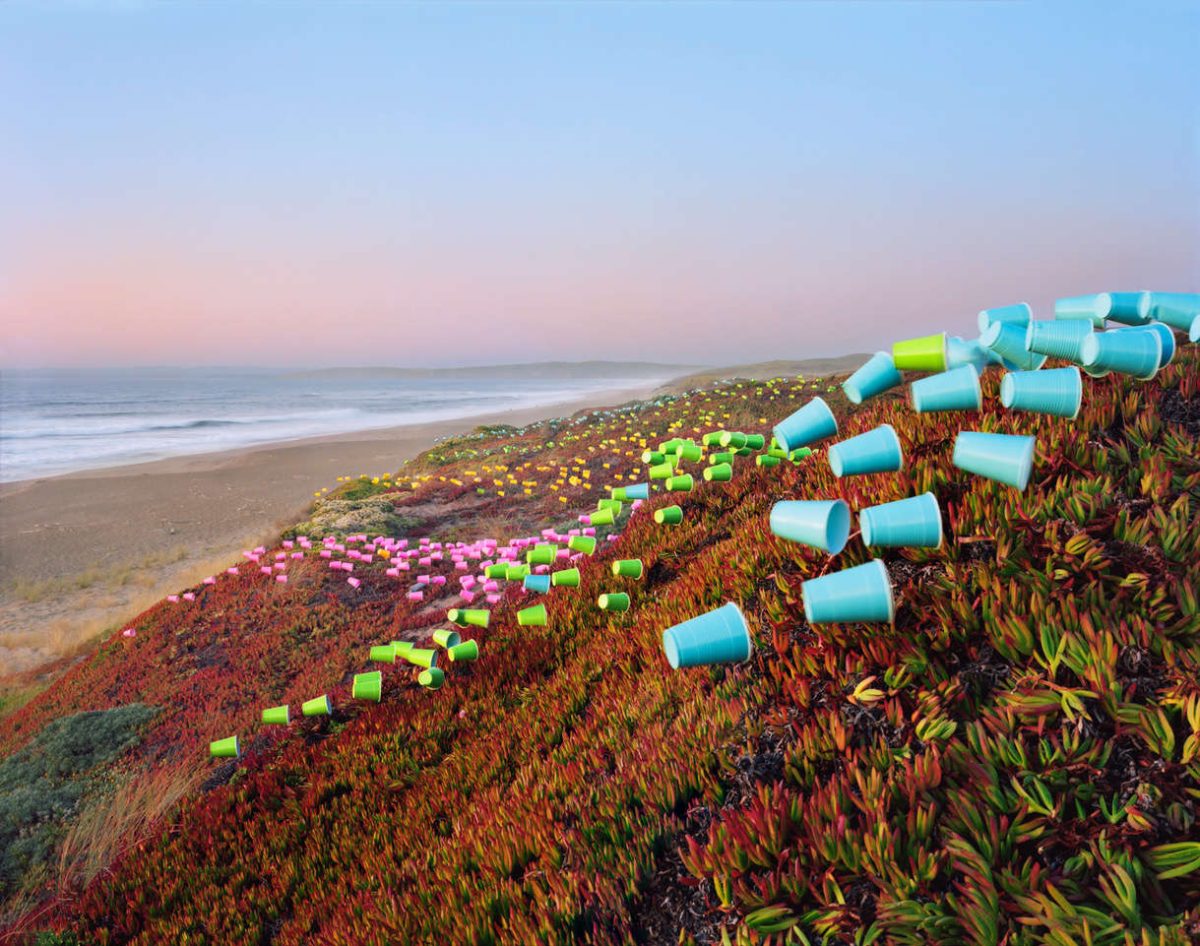Colorful plastic cups arranged in geometric patterns across a coastal hillside covered in succulent vegetation, with a beach and ocean visible in the background at dusk.
