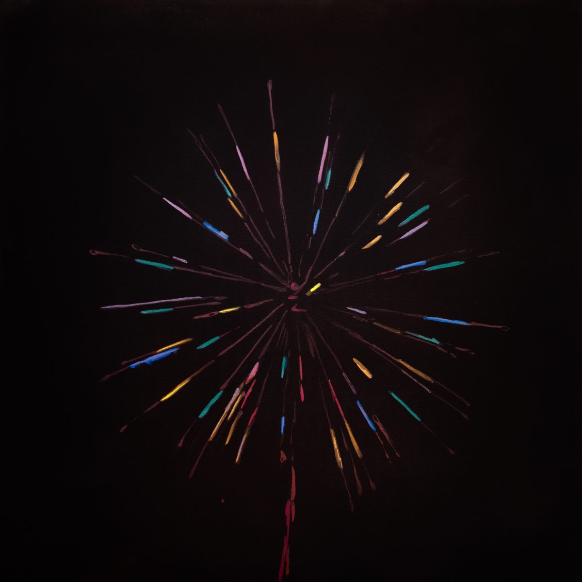 Radiating lines of vibrant neon colors—cyan, yellow, pink, blue, and orange—burst outward from a central point against a deep black background, creating a dynamic starburst or firework effect.