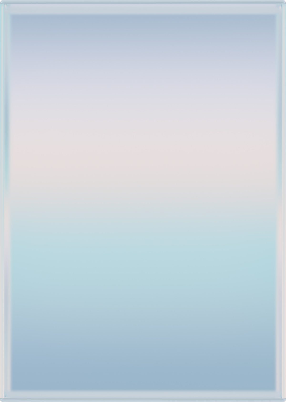 A soft gradient composition transitioning from pale gray-blue at the top to luminous cyan-blue at the bottom, with subtle pink and lavender undertones visible along the edges. The work has a translucent, ethereal quality with a reflective metallic surface.