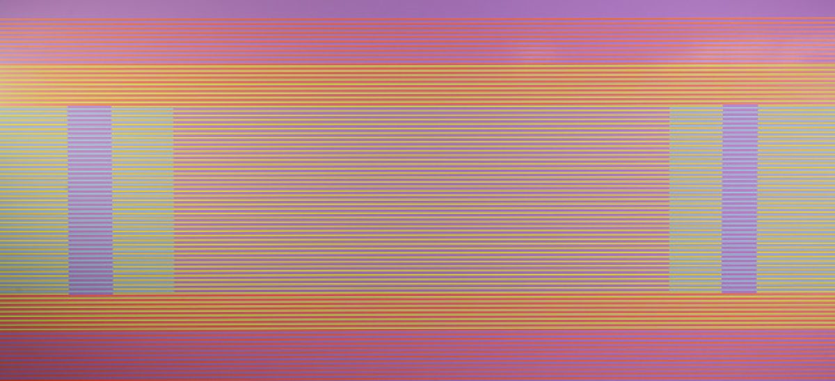 Horizontal bands of vibrant color—purples, pinks, yellows, and oranges—create a shimmering, pixelated landscape. Two vertical rectangular forms in lighter tones frame a central glowing area, suggesting an abstracted mountainous or atmospheric scene rendered through densely layered horizontal lines.