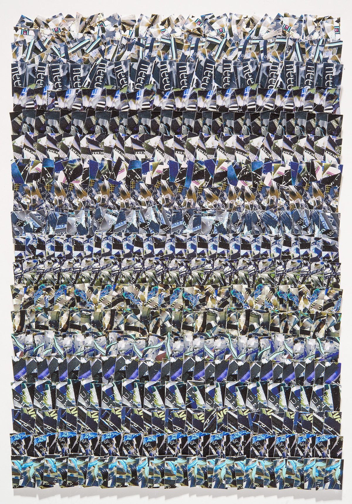 A grid-based composition of repeated printed fragments arranged in horizontal rows, featuring fragmented imagery in shades of blue, black, white, and gold. The layered, collaged appearance creates a dense, rhythmic pattern across the entire rectangular surface.