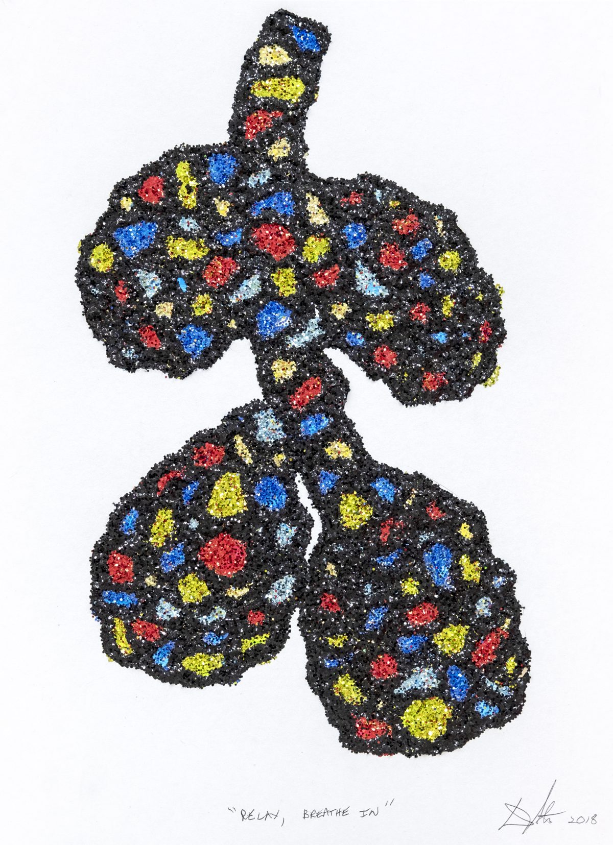 A stylized lung illustration composed of black granular material studded with vibrant clusters of glitter in yellow, blue, red, and light blue. The organic form features a central bronchial tube extending upward, with two lobes below, rendered in a textured, dimensional collage technique against a white background.