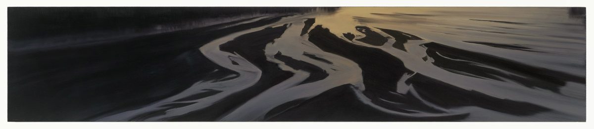 Abstract horizontal composition featuring undulating ribbons of cream, tan, and black that flow across the panel, creating a sense of movement and depth. The organic, wave-like forms suggest a landscape viewed from above, with areas of dark shadow contrasting against lighter, luminous passages.