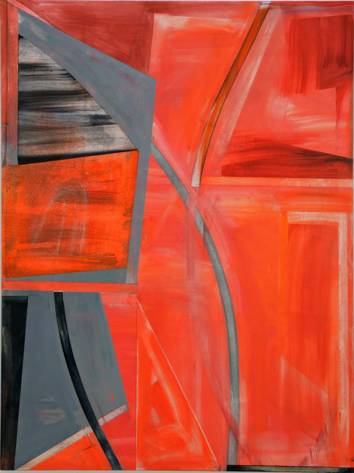 Abstract composition dominated by vibrant red and orange geometric forms layered across the canvas, with contrasting gray and dark elements creating depth and angular divisions throughout the work.
