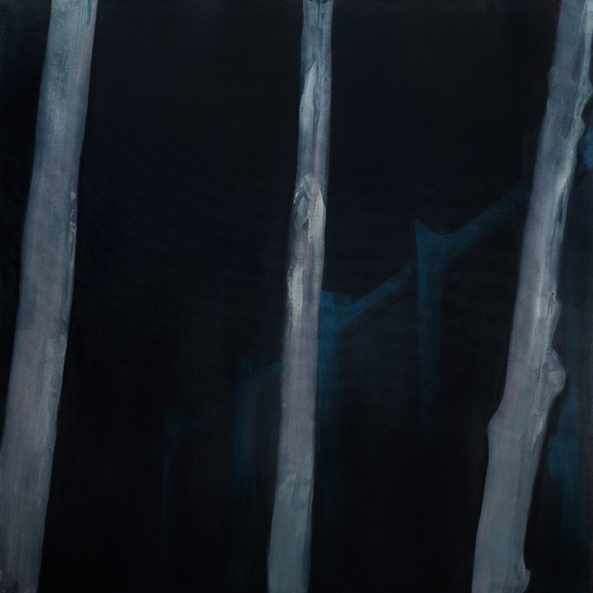 Three vertical gray-white forms resembling tree trunks or architectural elements divide the composition against a deep black background, with teal-blue tones emerging in the shadowed spaces between them. The painterly surfaces show gestural brushwork and subtle texture, creating an atmospheric, minimalist study in light and shadow.
