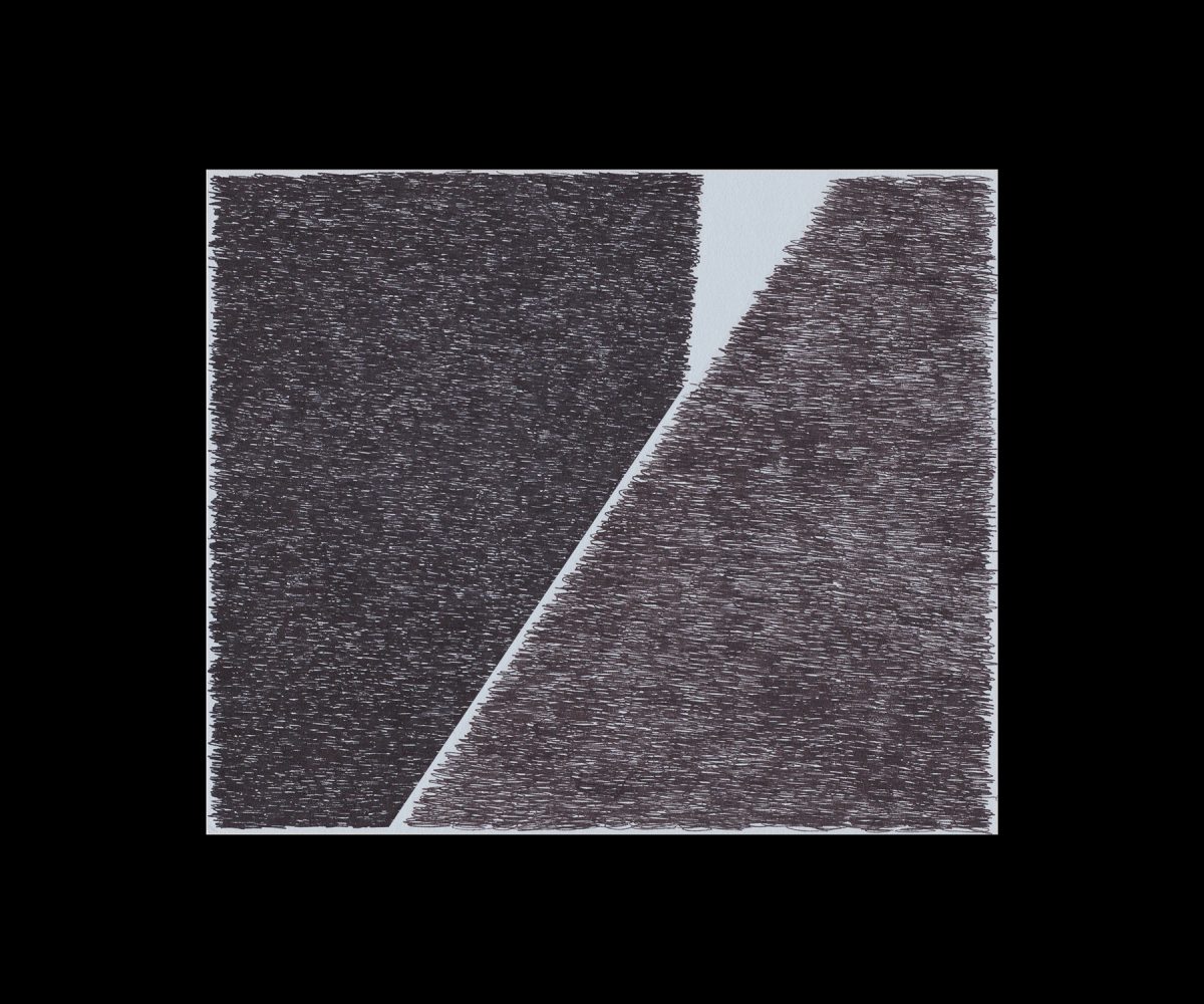 Abstract composition featuring two dark textured planes separated by a diagonal white line, with a light gray sky visible at the top. The work employs dense, linear marks creating a tactile, cross-hatched surface across the composition.